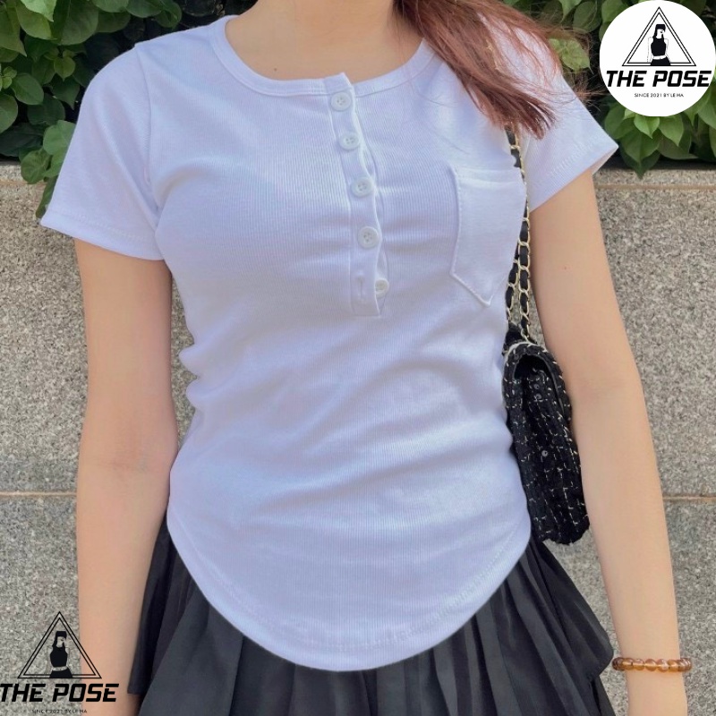Áo Croptop Nữ Cổ Tròn Cài Cúc Áo Trơn Basis 2 Màu Cơ Bản  THE POSE