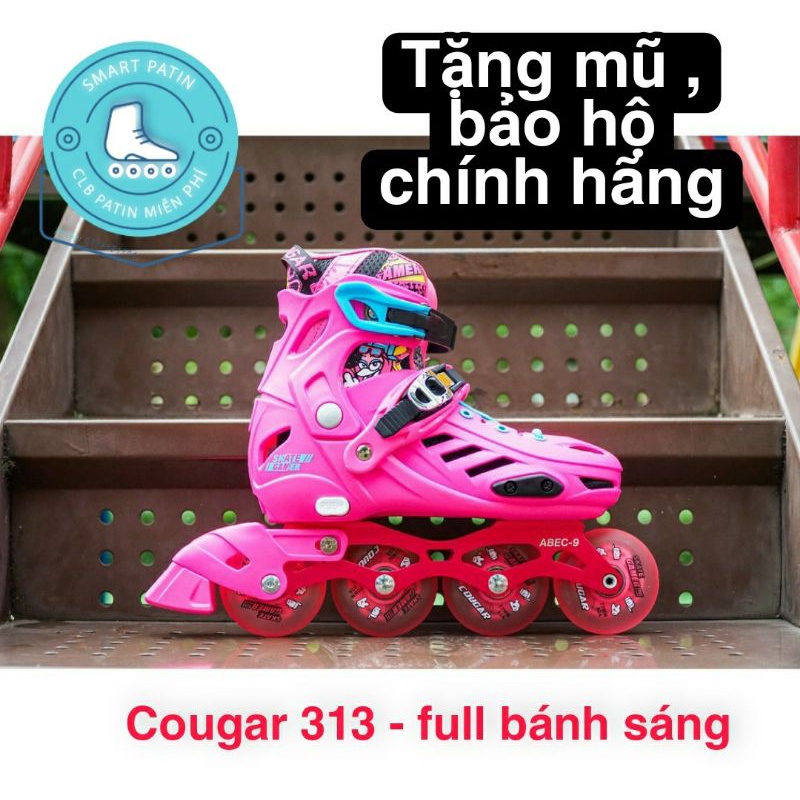 [TẶNG BẢO HỘ, MŨ CHÍNH HÃNG + ĐỔI TRẢ 30 NGÀY] Giày patin Cougar 313 màu hồng, 8 bánh phát sáng cao cấp