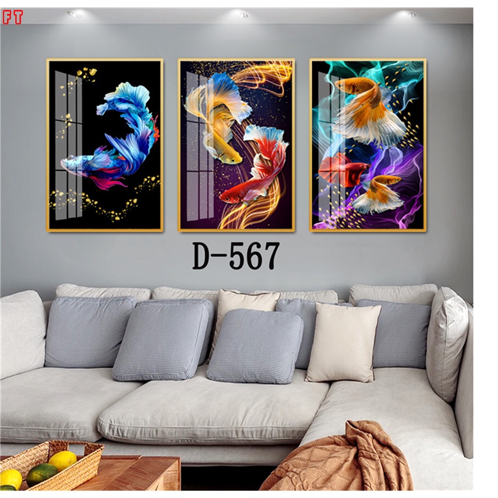 Tranh Cá Cửu Ngư, Tranh tráng gương in UV 5D Mica bóng mịn Ceramic, tranh treo tường phòng khách, tranh treo tường decor