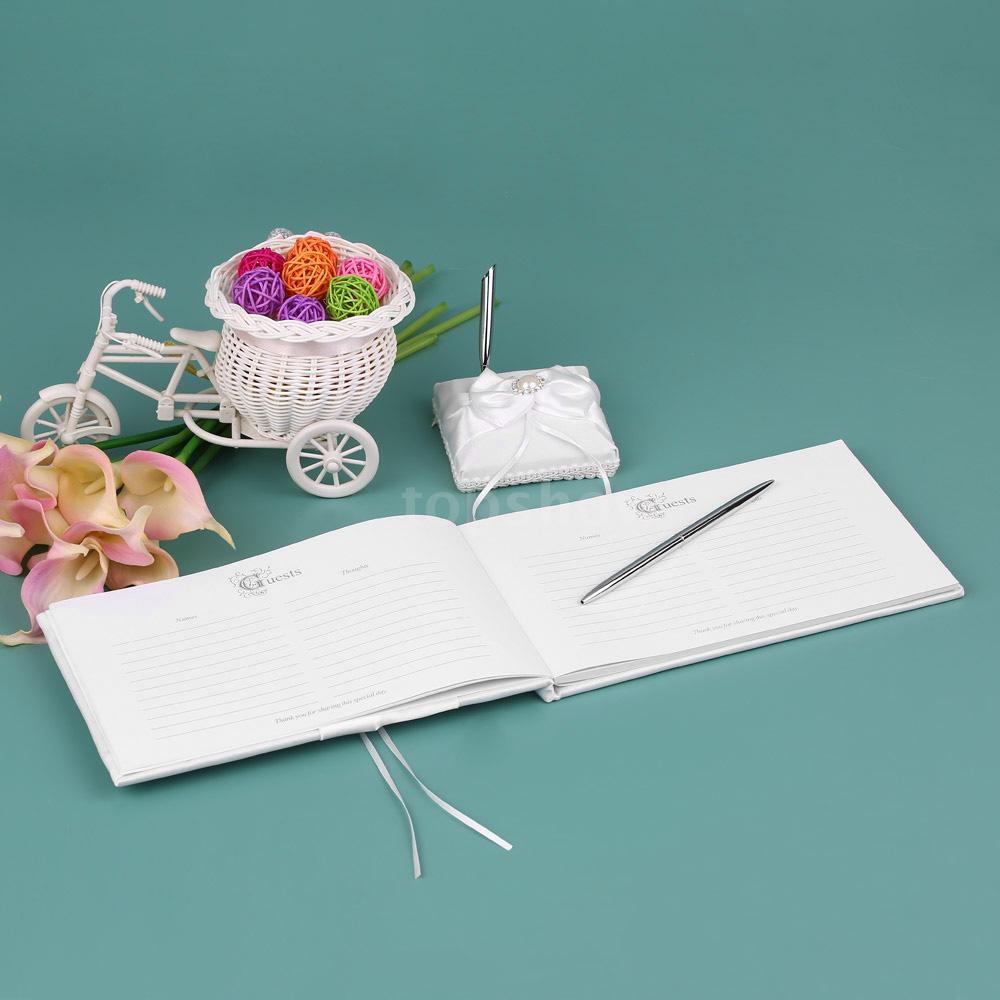 Bộ sổ ký tên tiệc cưới + bút kèm giá đỡ bút phối ruy băng satin trắng và ngọc trai giả sang trọng