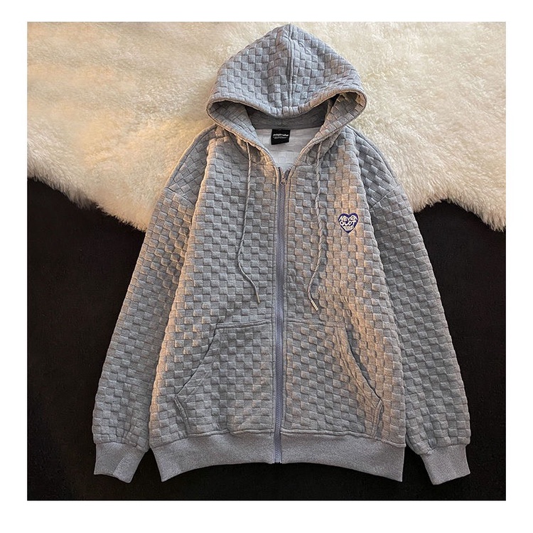 Áo khoác hoodie nỉ khóa kéo vân nổi phong trái tim cách Hàn Quốc