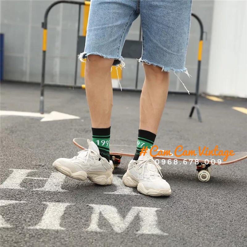 TẤT CAO CỔ NAM VƠ CAO CỔ NỮ ULZZANG TẤT UNISEX ĐEN TRĂNG CỔ CAO CHỮ XANH 1997