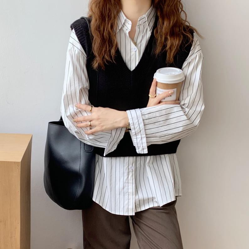 Áo Gile Len nữ Màu trơn Form rộng Thu Đông Ulzzang Hàn Quốc Áo Gile Len nữ Cổ tim Thời trang