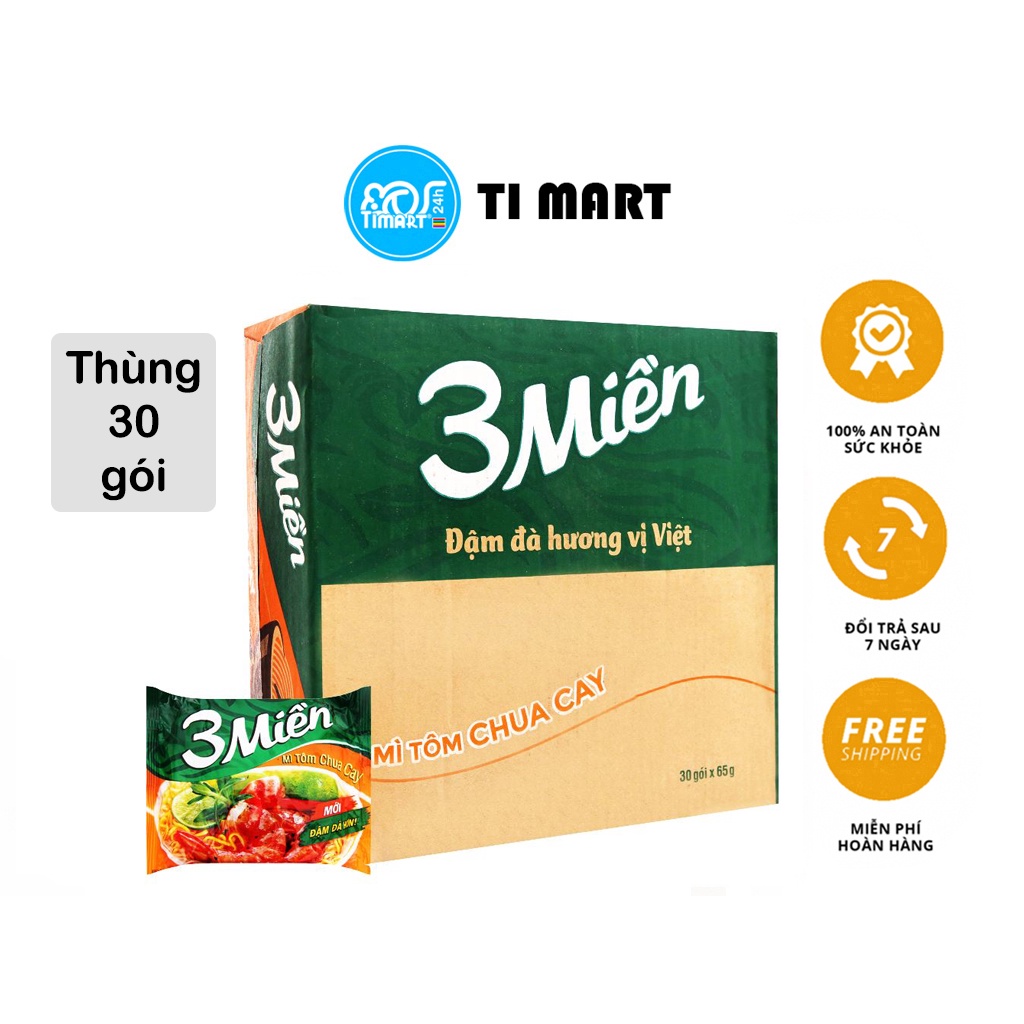 Thùng 30 gói mì 3 Miền vị tôm chua cay / mì chay lá đa 65g