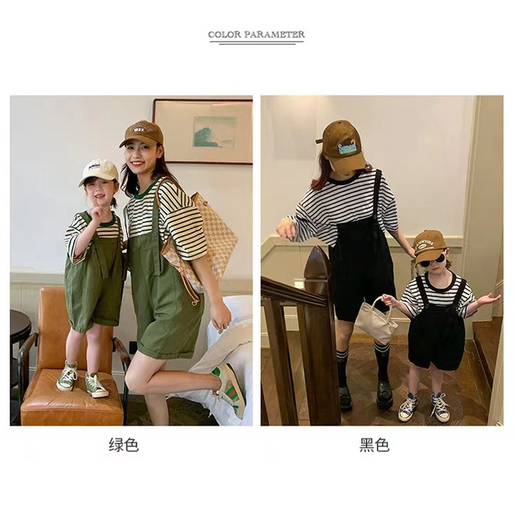 Set Áo Thun Tay Ngắn Kẻ Sọc + Quần Yếm Denim Thời Trang Hàn Quốc 2022 Cho Mẹ Và Bé