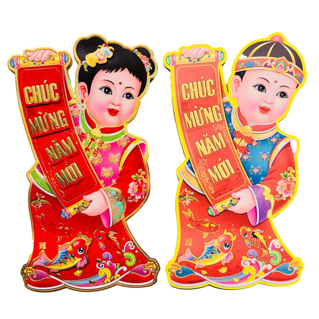 Giấy dán tường, giấy dán cửa ngày Tết, decal dán tường 1 cặp cô cậu, Kiều Tân Nhiên
