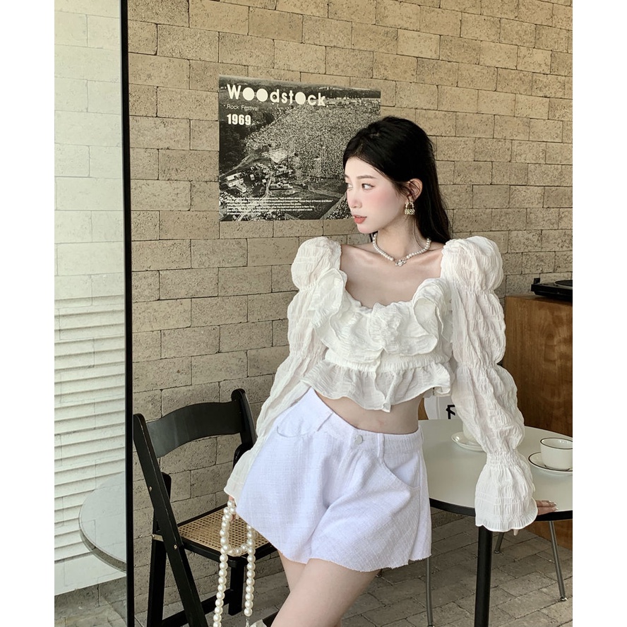 Áo sơ mi dài tay ống loe dáng ngắn phong cách Pháp thời trang cho nữ