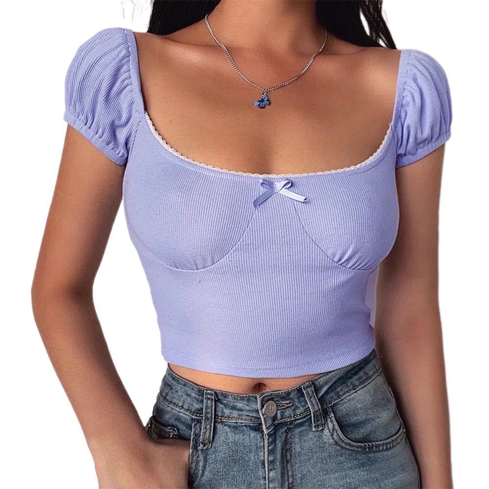 Áo Nữ Tay Ngắn Cổ Vuông Phối Nơ Thời Trang | BigBuy360 - bigbuy360.vn