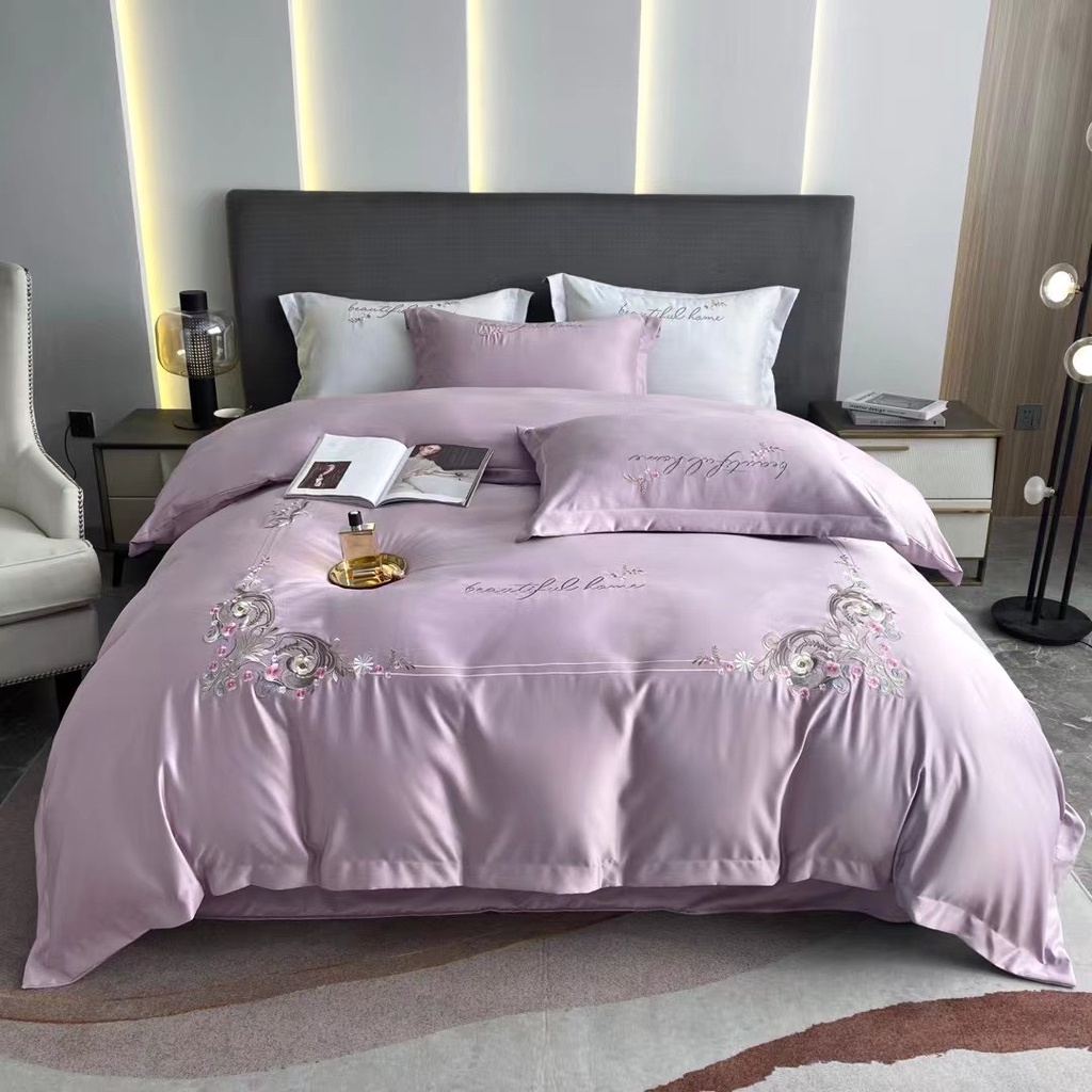 Bộ chăn ga gối lụa thêu hoa Beauty Home mát lạnh , Bộ 4 món Phi lụa thêu chất liệu sơi dai không nhăn cho mùa hè