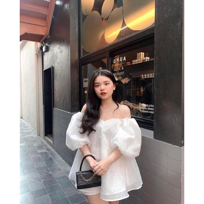 Áo babydoll đính ngọc tay phồng tiểu thư sang chảnh, Áo phối voan cổ bồng bềnh