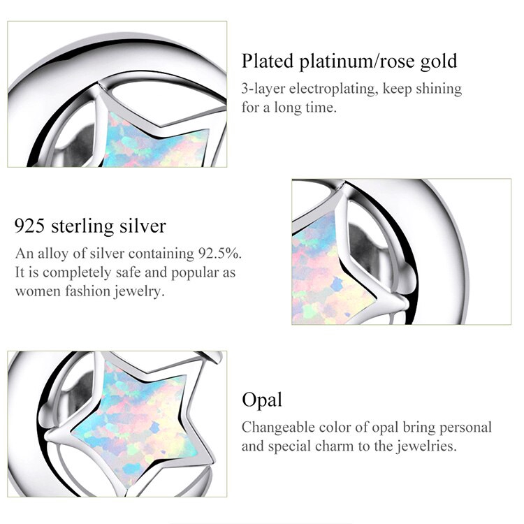 Khuyên tai Bamoer bạc 925 hình mặt trăng và ngôi sao 2 màu thời trang