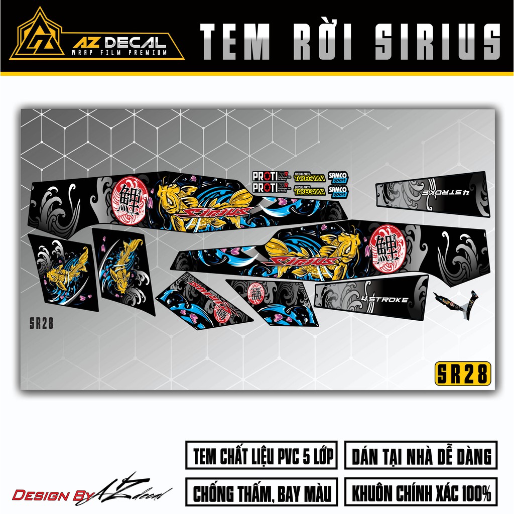 Tem Xe Hình Cá Chép Dành Cho Xe Sirius RC | SR28 | Tem Rời PVC In Hình Rõ Nét Chống Thấm Nước, Chống Bay Màu