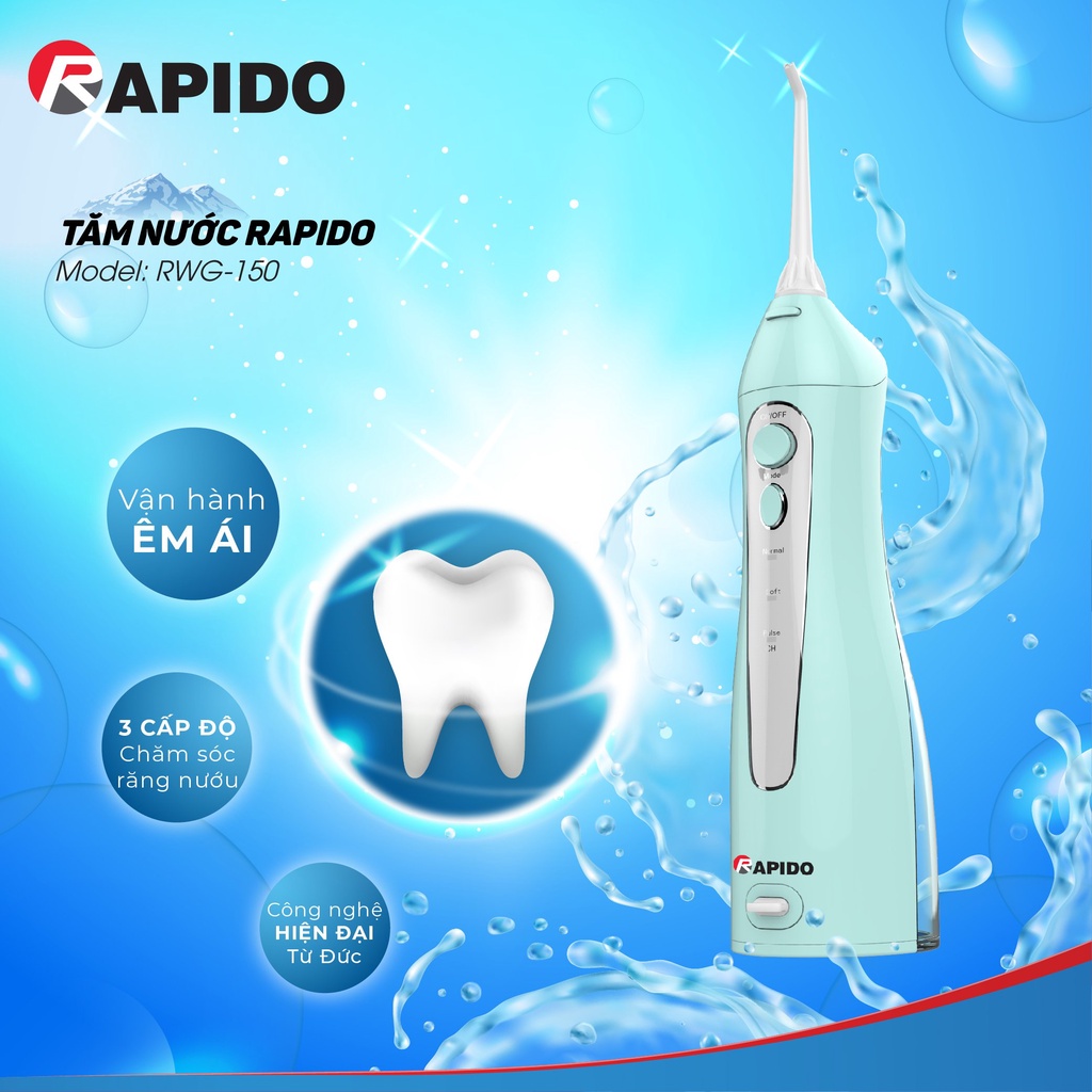 [CHÍNH HÃNG] Tăm nước RAPIDO RWB-150, RWG-150 - Máy tăm nước cầm tay công nghệ Đức làm sạch răng và mảng bám hiệu quả