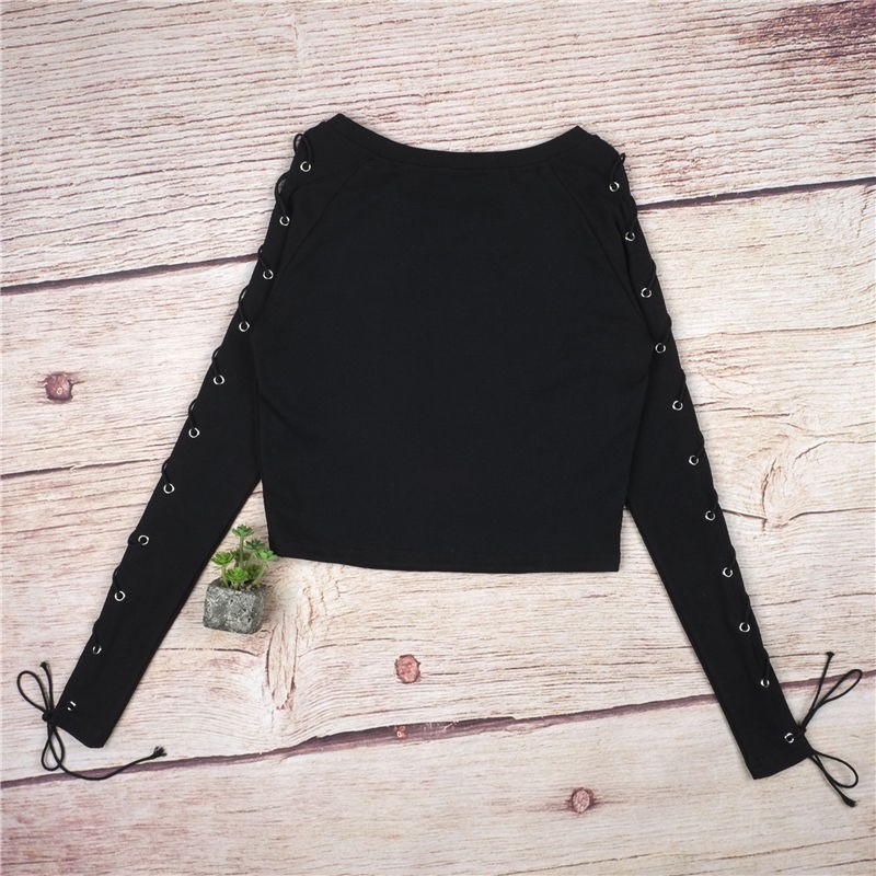 Áo thun croptop tay dài đan dây chéo gợi cảm cho phái nữ