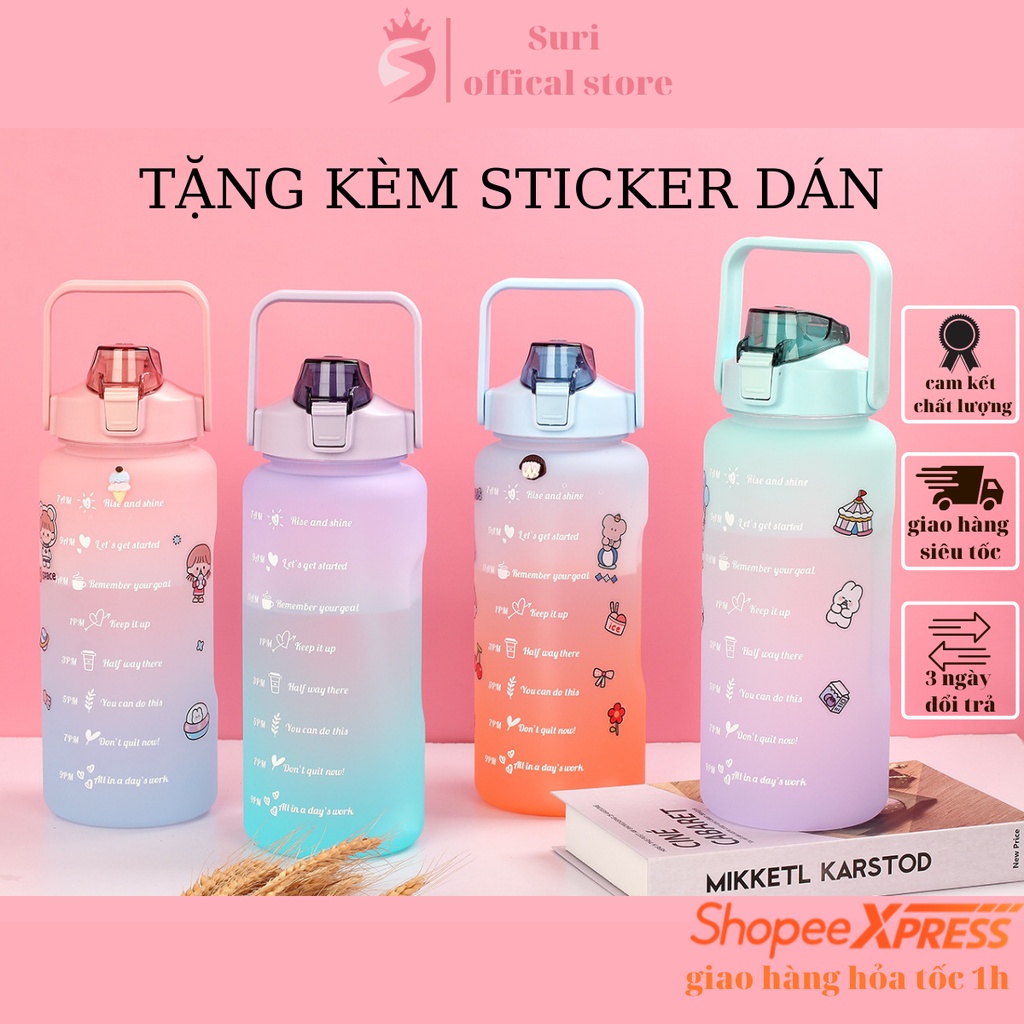 Bình Nước 2 Lít Màu Sắc Dễ Thương Có Vạch Nhắc Nhở Uống Nước Theo Giờ Cho Người Lười Uống Nước