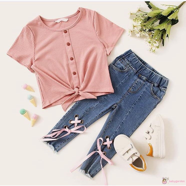 Áo tay ngắn 1 màu + quần denim sành điệu cho em bé 1-5 tuổi