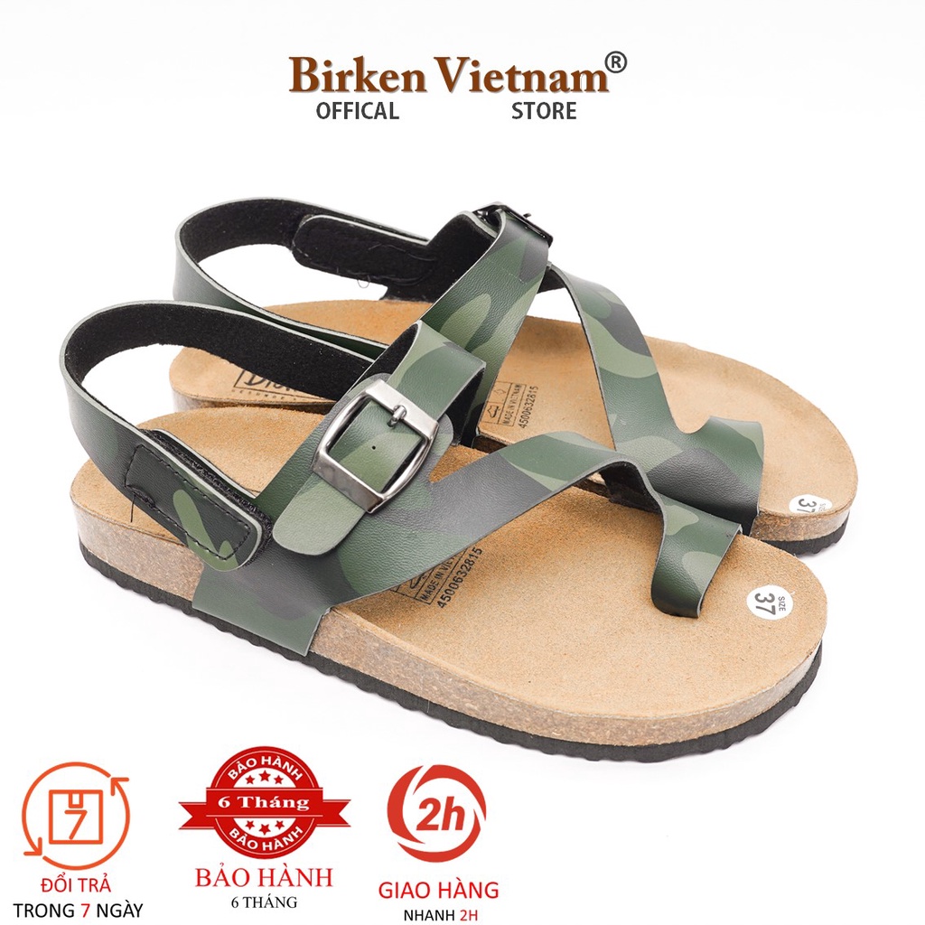 Mã R20 Sandal ĐẾ TRẤU Da PU Camo Rằn Ri Quai Xỏ Ngón Khóa Dán Unisex Birken Vietnam Bioline