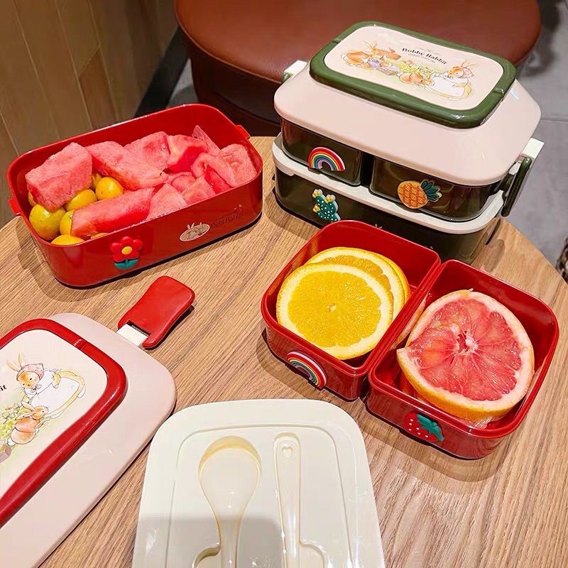 Hộp cơm giữ nhiệt lúa mạch 2 tầng-hộp cơ văn phòng tiện lợi có thể hâm nóng bằng lò vi sóng