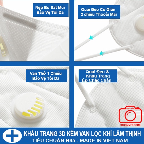 Hộp 10 khẩu trang 3D kèm van lọc khí Lâm Thịnh tiêu chuẩn N95