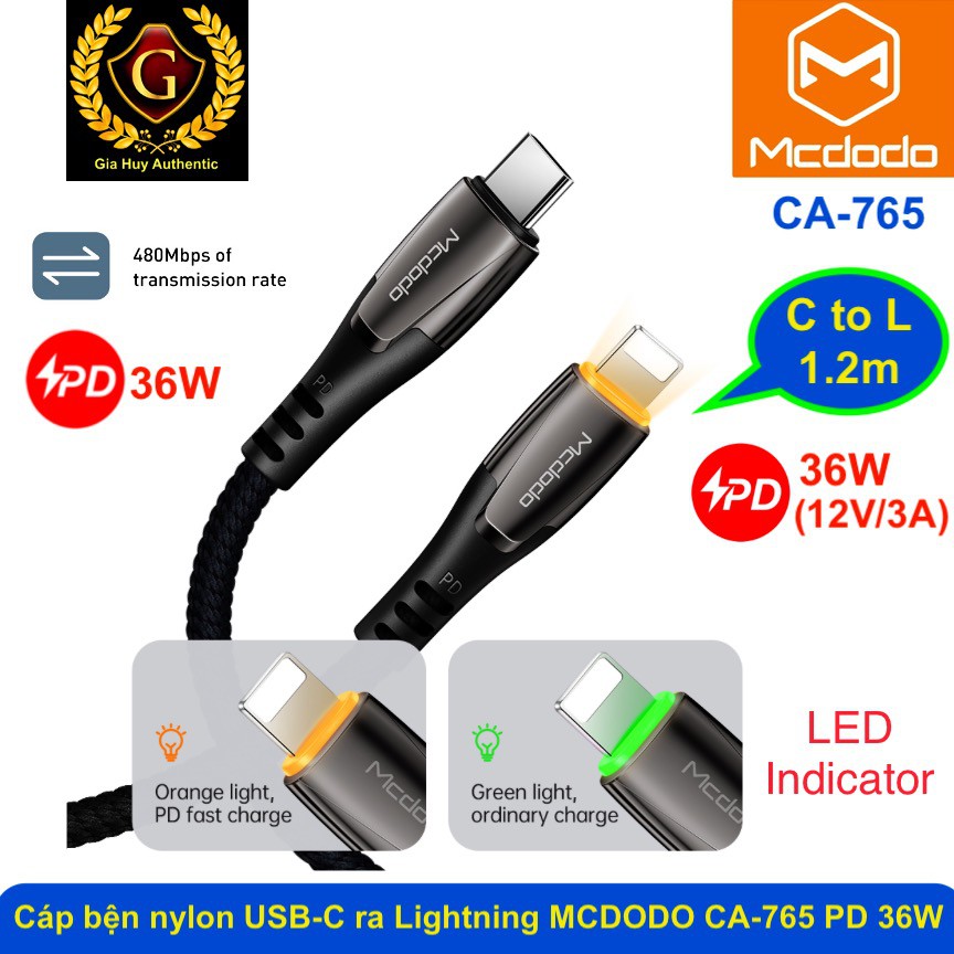 Cáp sạc nhanh IP12 Series,máy tỉnh bảng Pro 2017 MCDODO CA-765 USB-C Power Delivery 36W dài 1.2m