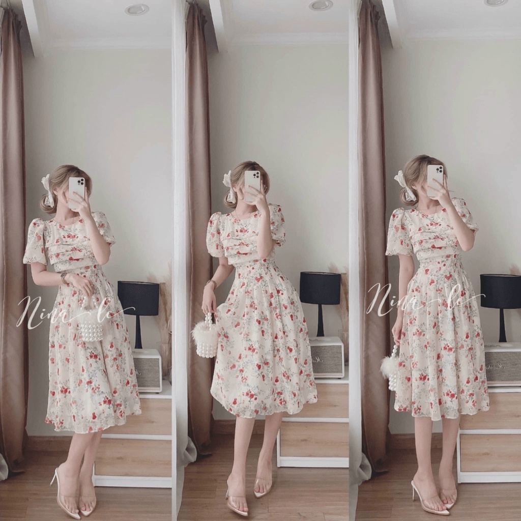 Đầm Nữ Voan Chiffon Phối Hoa Dáng Xòe Tiểu Thư Siêu Xinh UP