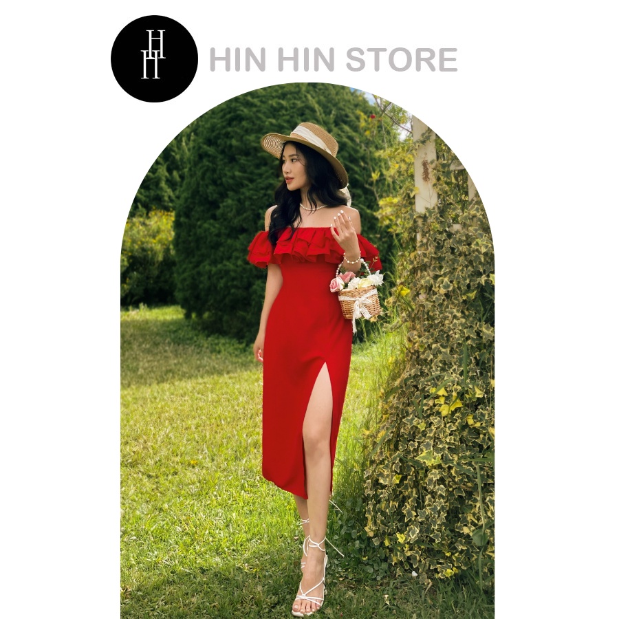 Đầm ôm body xẻ tà bẹt vai viền bèo màu đỏ HDT258 Hỉn Hỉn Store