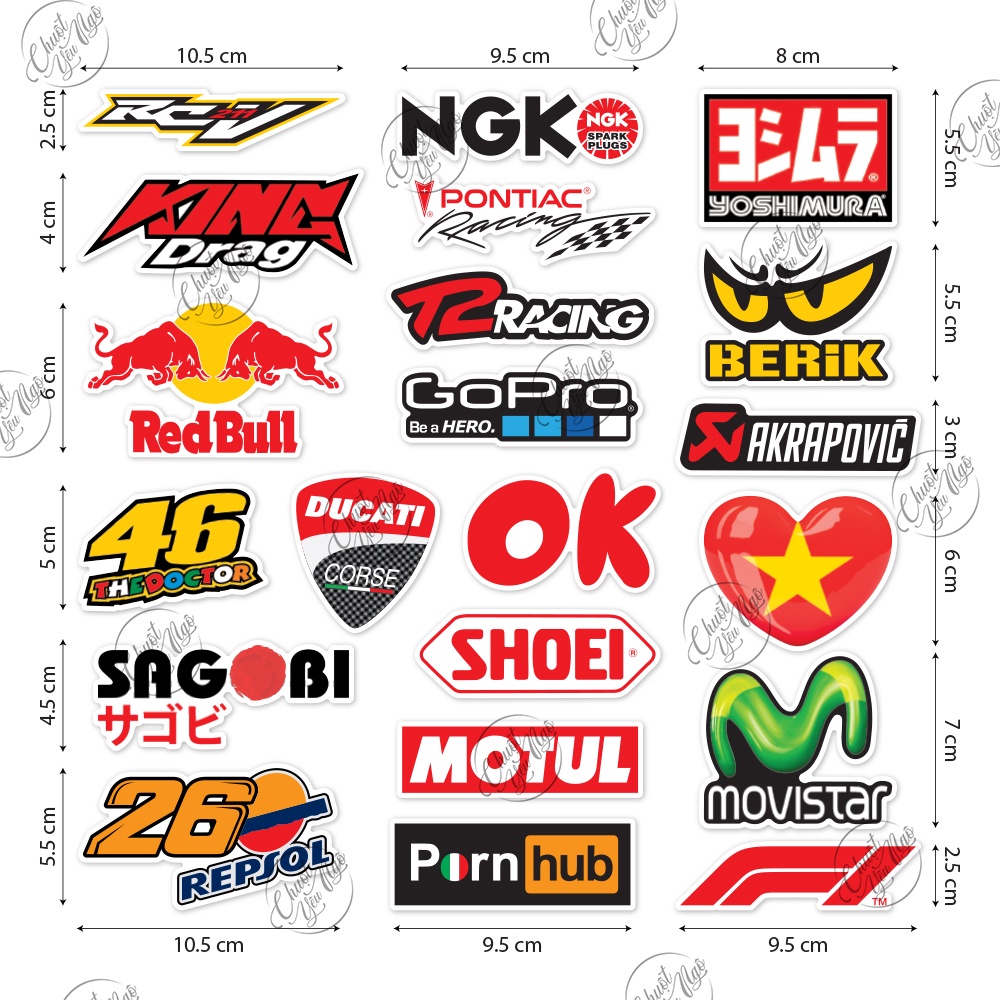Bộ 40 logo tem decal không trùng dán trang trí xe máy nón bảo hiểm laptop điện thoại chống nước