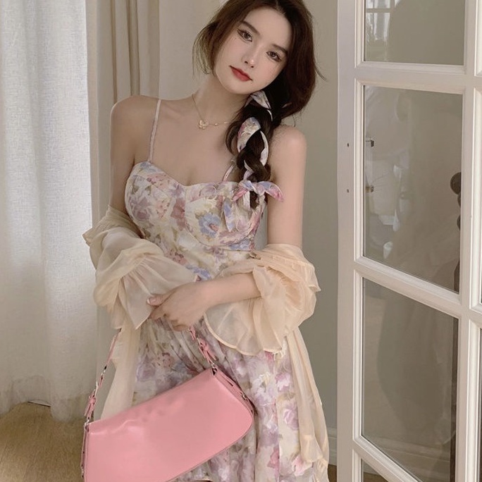 Đầm chiffon hai dây họa tiết hoa/Áo khoác chiffon ZHELIHANGFEI thời trang quyến rũ cho nữ
