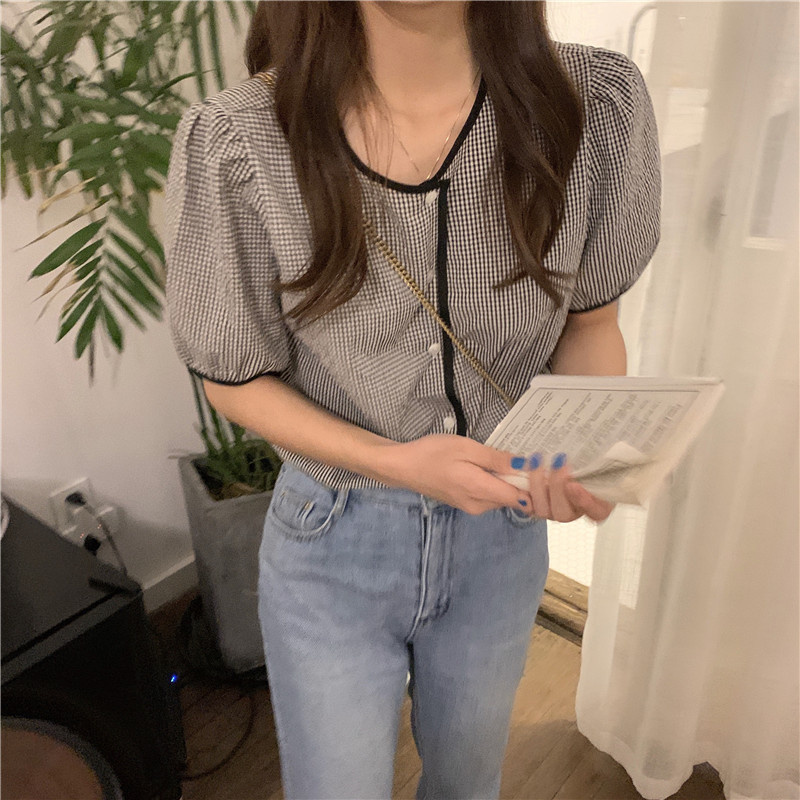 Áo sơ mi tay ngắn cổ tròn họa tiết caro phong cách Hàn Quốc cho nữ 43755