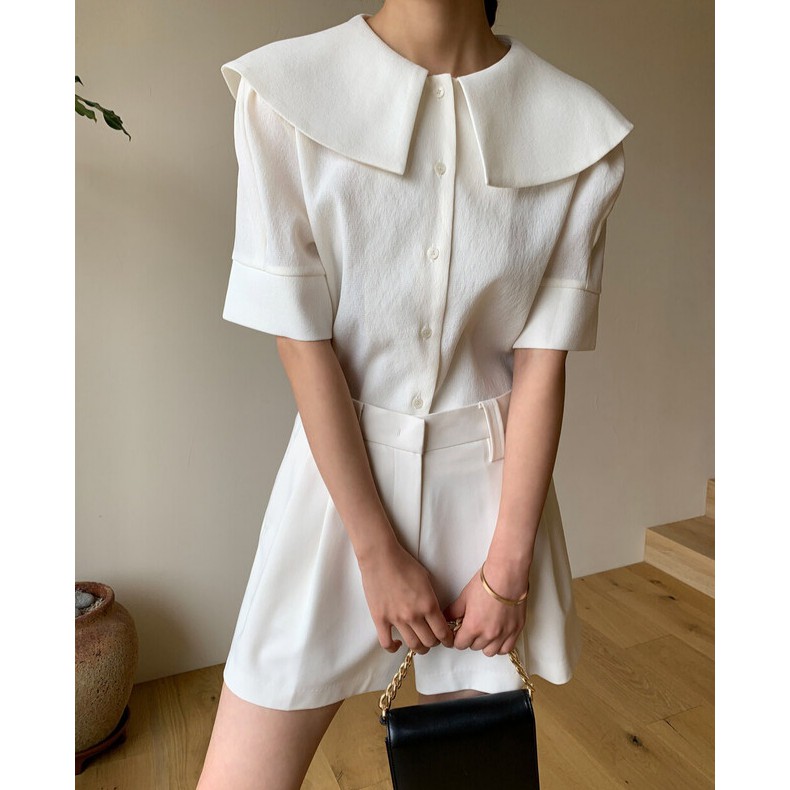 French niche big lapel single-breasted short-sleeved white shirt female summer Korean fan simple style loose temperament top