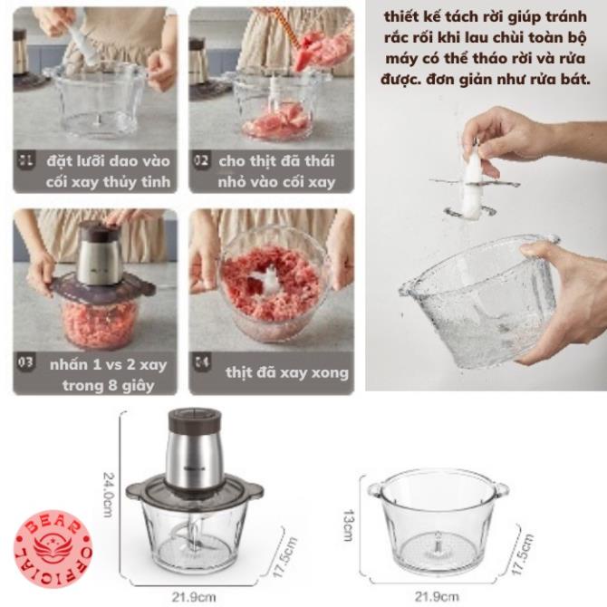 Máy xay thịt thực phẩm tỏi ớt, chả cá, sinh tố mini đa năng Cao Cấp 2L Bear QSJ-D03W5, CS 300W, Bảo hành 12 tháng