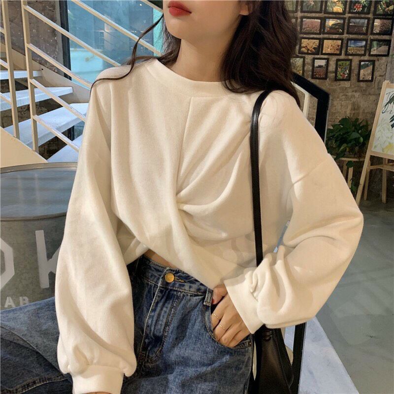 Áo Croptop Nỉ Xoắn Eo Dài Tay Basic - Áo Sweater Tay Dài Xoắn Eo