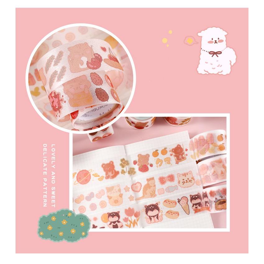 Cuộn sticker cute trang trí sổ còng bullet journal họa tiết động vật đáng yêu (Cuộn 3m)