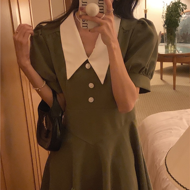 SUXI Đầm Tay Ngắn Màu Sắc Trơn Phong Cách Vintage Hàn Quốc