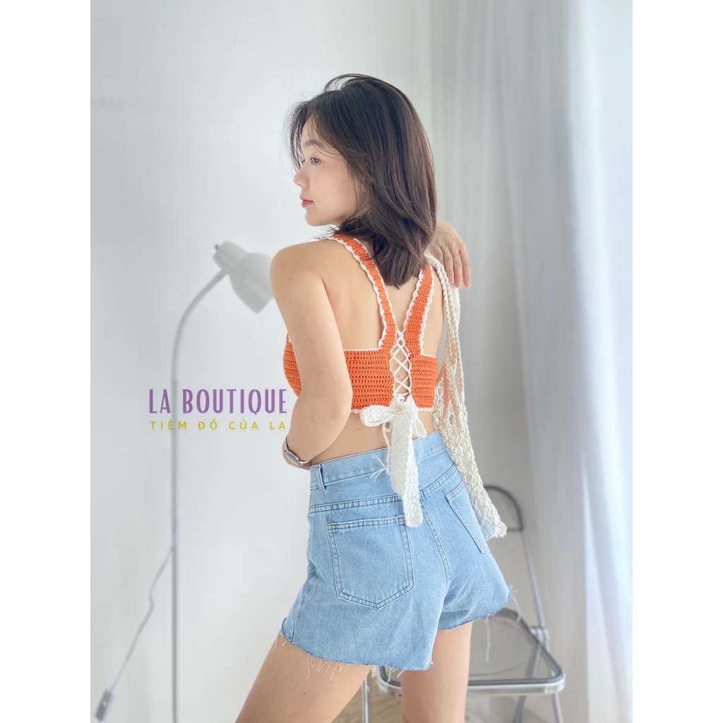 Áo Len Crochet Croptop 2 Dây Bản To Đan/Móc Handmade Hở Lưng Cột Dây La Boutique