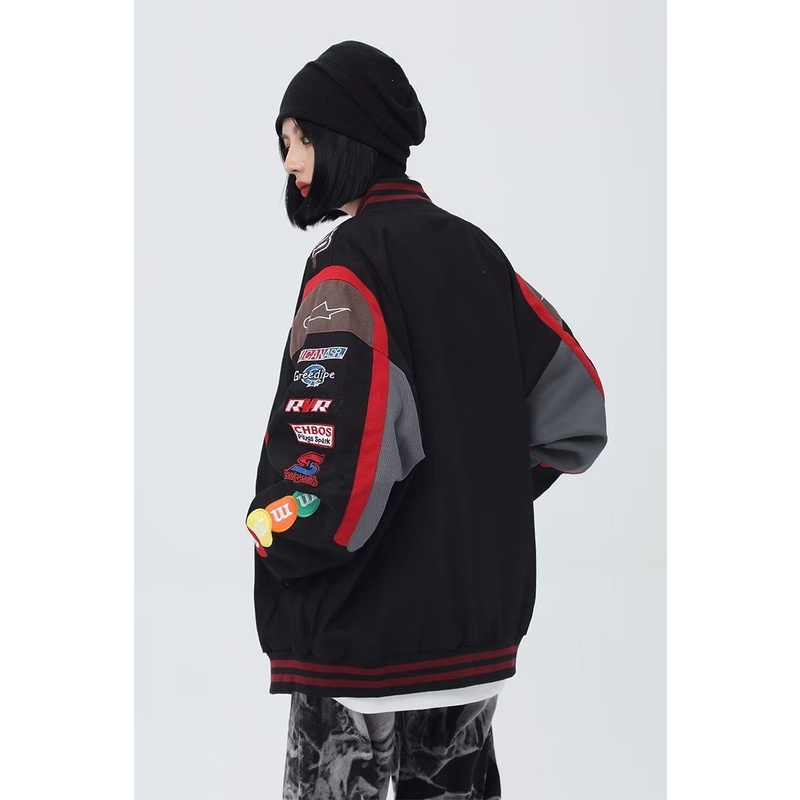 Autumn Winter American Retro Tooling Racing Baseball Uniform Men and Women Loose Hiphop Motorcycle Jacket