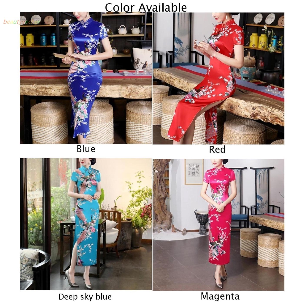 Sườn xám vải lụa satin họa tiết chim hạc duyên dáng phong cách cổ điển