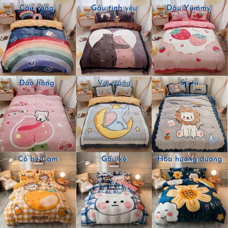 Bộ chăn ga gối nỉ nhung 3D cao cấp 2020, bộ nỉ nhung dày ấm - nhắn chọn mẫu