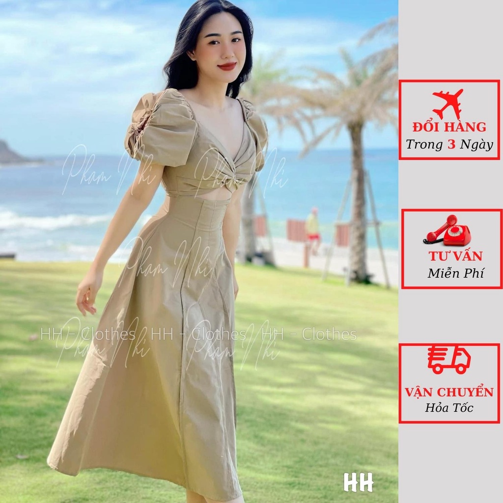 Váy maxi nữ tay bồng xoắn ngực cổ tim hở eo dáng dài đi biển du lịch ulzzang Hàn Quốc