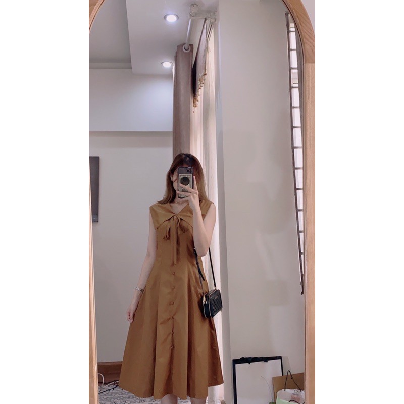 {Có Sẵn}Váy thô nâu cổ nơ vạt bèo sát nách kèm video+ hình thật | BigBuy360 - bigbuy360.vn