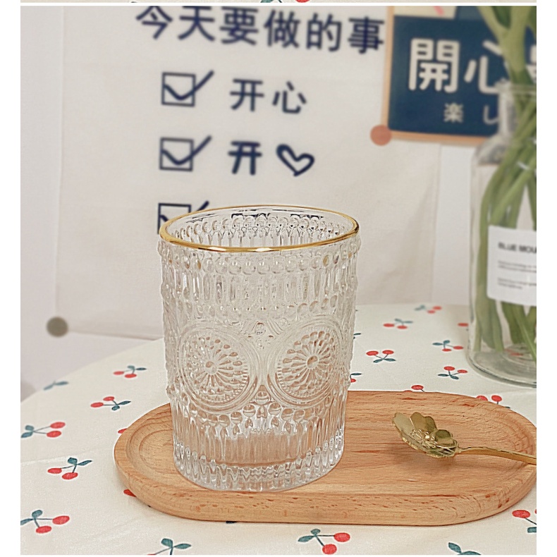 (Bán Buôn Sỉ) Cốc thủy tinh viền vàng vân họa tiết mặt trời, ly thủy tinh cao cấp T2