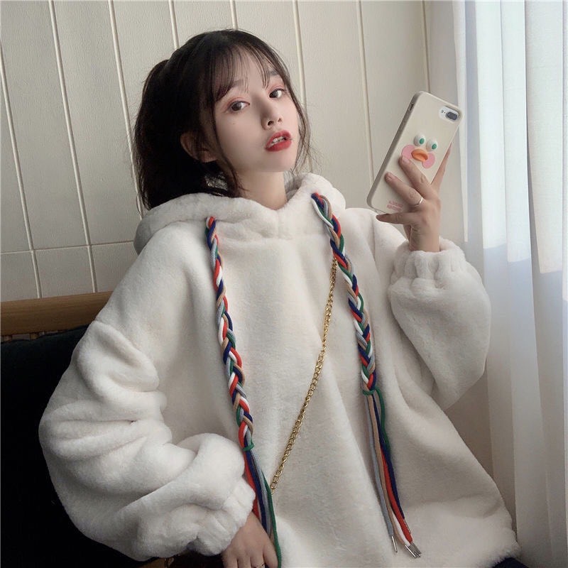 Áo hoodie nữ len nhung form rộng dày dặn Hàn Quốc | BigBuy360 - bigbuy360.vn