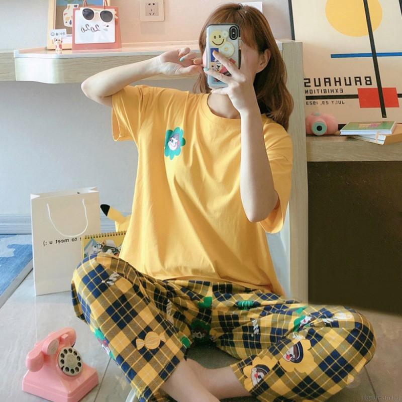 Bộ Đồ Ngủ Tay Ngắn Vải Lụa Sữa In Họa Tiết Hoạt Hình Dễ Thương Thời Trang Mùa Hè Dành Cho Bạn Nữ Mặc Tại Nhà