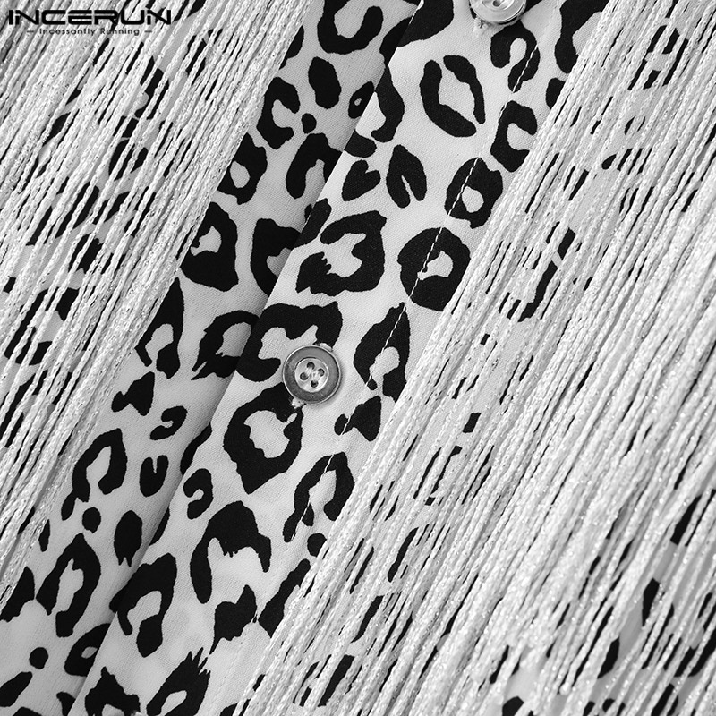 Áo sơ mi INCERUN dài tay in họa tiết da báo phối tua rua thời trang dành cho nam