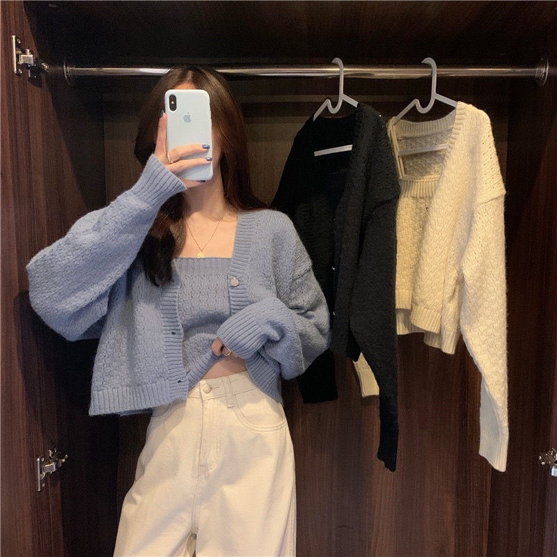 set áo khoác cardigan len kèm áo len hai dây Cherry phong cách Hàn Quốc xinh xắn