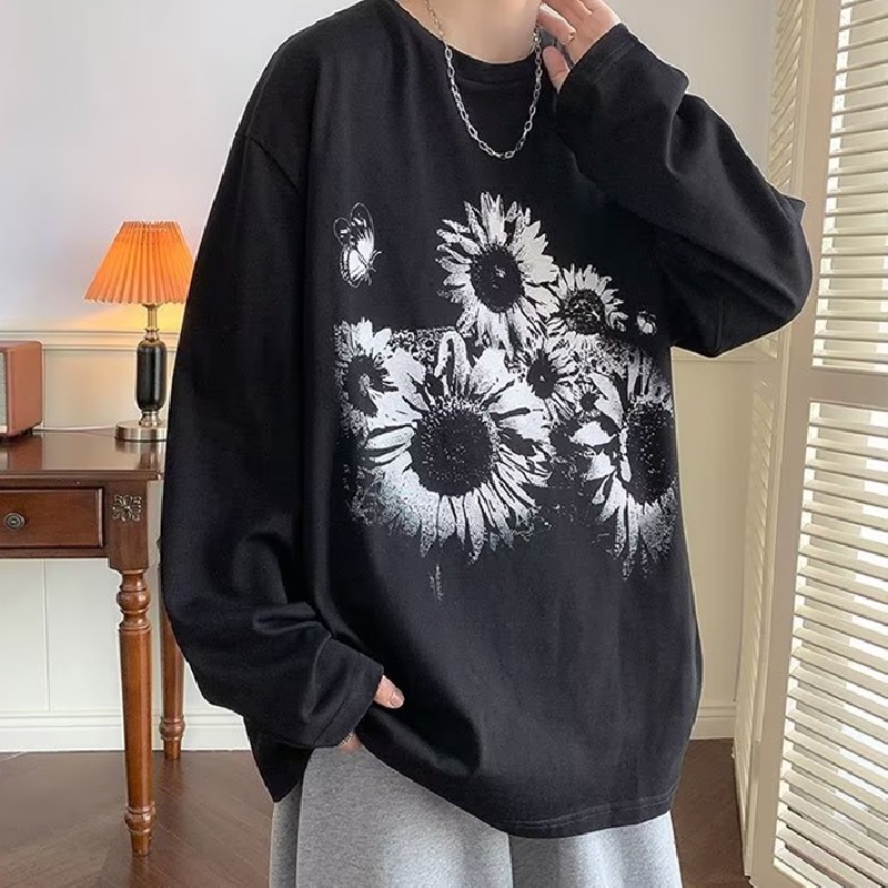 Áo Thun Tay Dài Dáng Rộng In Họa Tiết Hoa Phong Cách Hàn Quốc Thời Trang Cho Nam Và Nữ size M-5XL