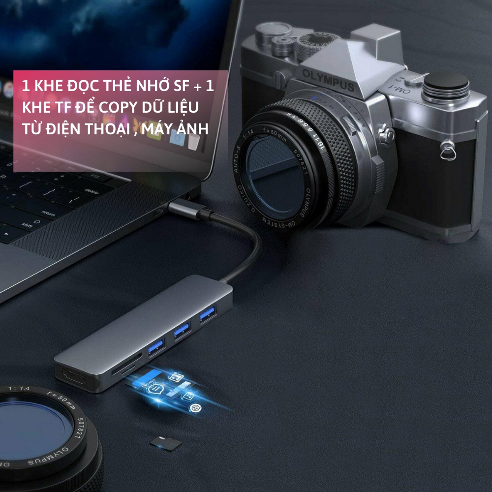 Hub USB Type C Hub Type C 6 in 1 to SD Card/ TF Card/ 3 cổng USB/ 1 HDMI 4K