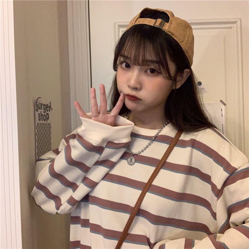 Áo Sweater Mỏng Cổ Tròn Dáng Rộng In Kẻ Sọc Kiểu Hàn Quốc Thời Trang 2022 Cho Nữ