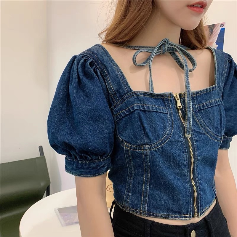 Áo croptop jeans denim +choker phong cách ulzzang SAM SAM BOUTIQUE