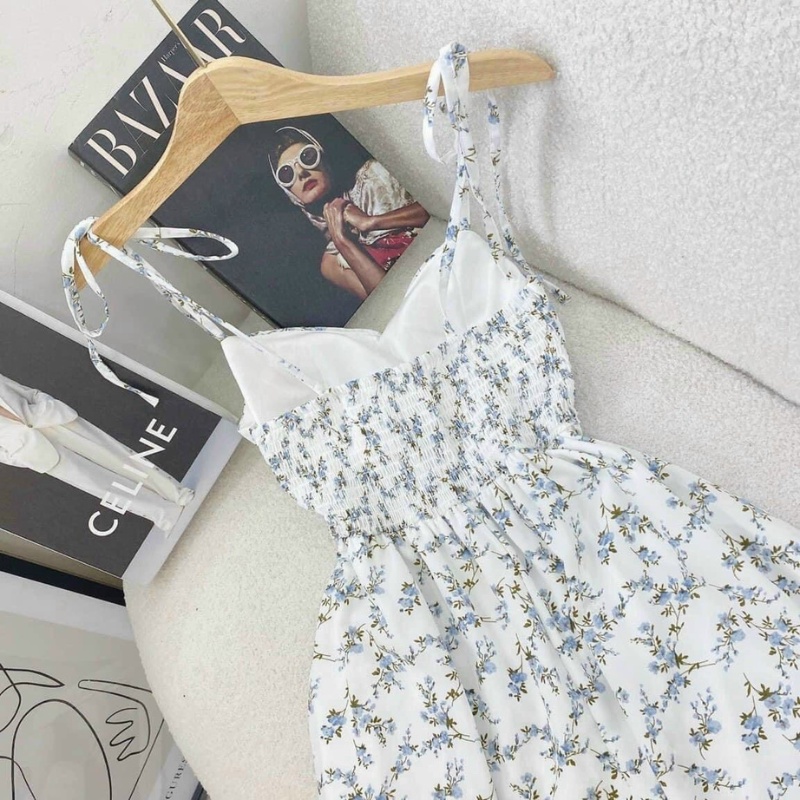 Set váy 2 dây hoa nhí vintage kèm áo khoác cardigan croptop đầm nữ dự tiệc cưới 2 dây sexy
